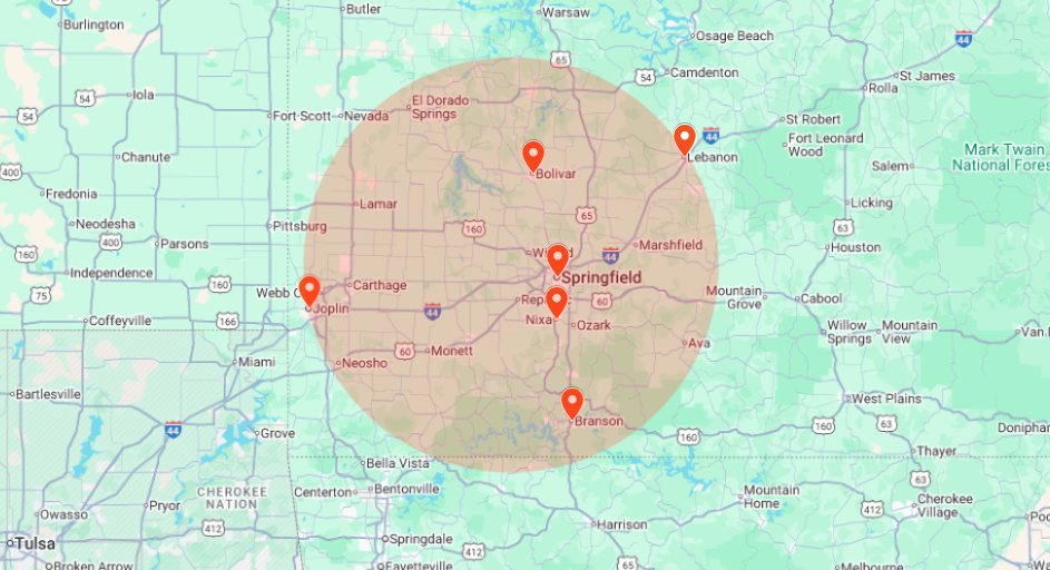 Map showing The Mold Gurus service area covering Southwest Missouri